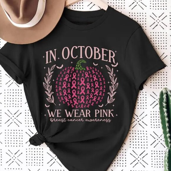 In October We Wear Pink Pumpkin Shirt, Breast Cancer Awareness Shirt - Picture 1 of 4